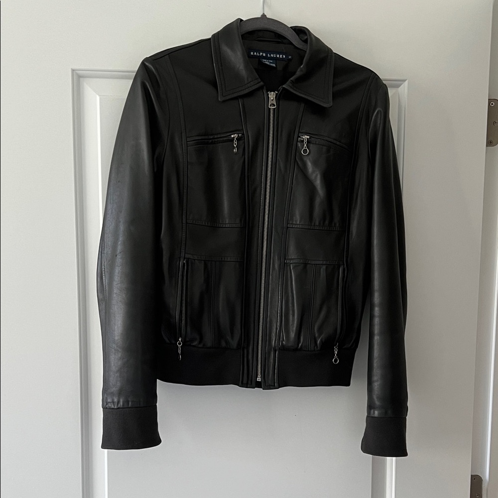 Ralph Lauren  Black Leather Bomber Jacket